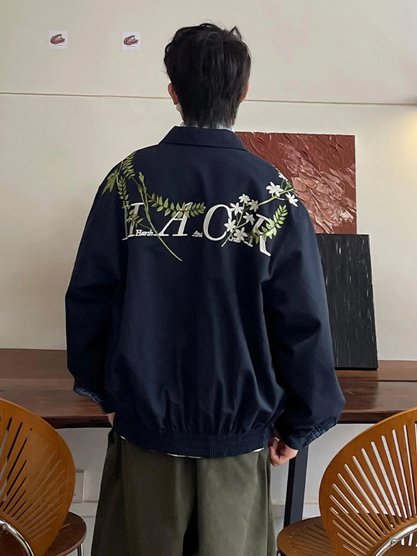 

Blue American Floral Embroidery Jaet Men's ort Trendy Bomber Flight Collar Baseball Outfit Stand Fit Polyester Casual