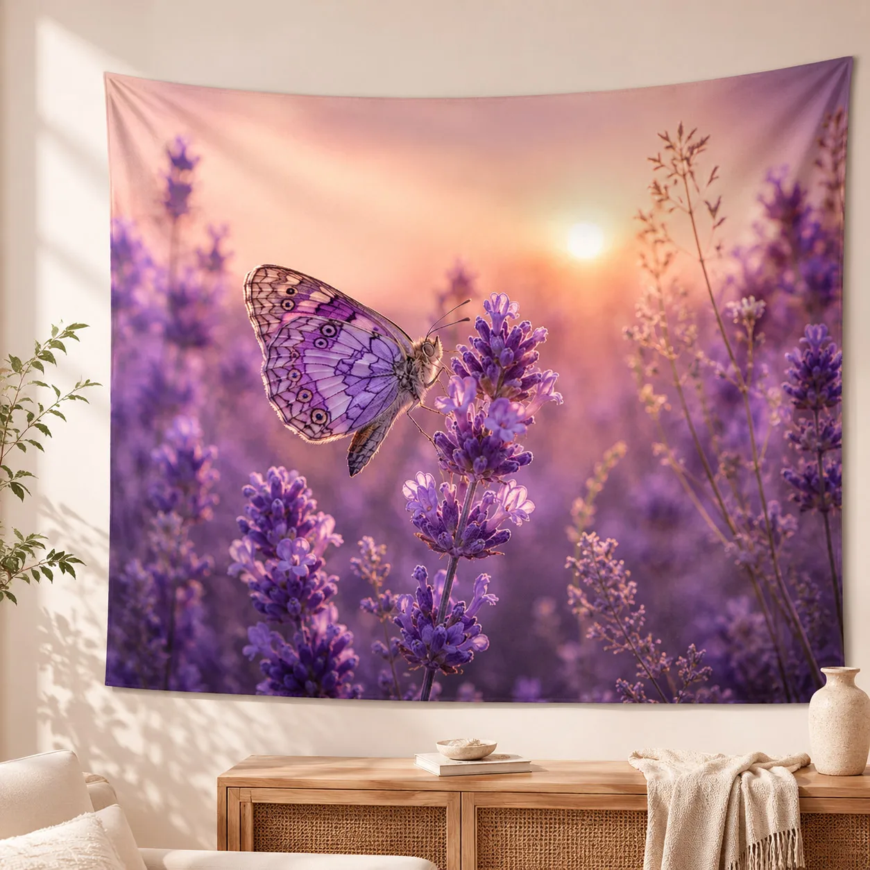 Butterfly Lavender Tapestry Purple Floral Sunset Wall Hanging Cottagecore Fairycore Nature Wall Art Bedroom Dorm Room Decor
