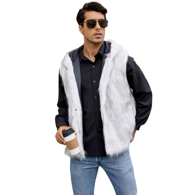 Men Hooded Vest V Neck Faux Fur Jackets Sleeveless Elegant Splice Vests Cardigan Hoodies Casual High Street Autumn Winter