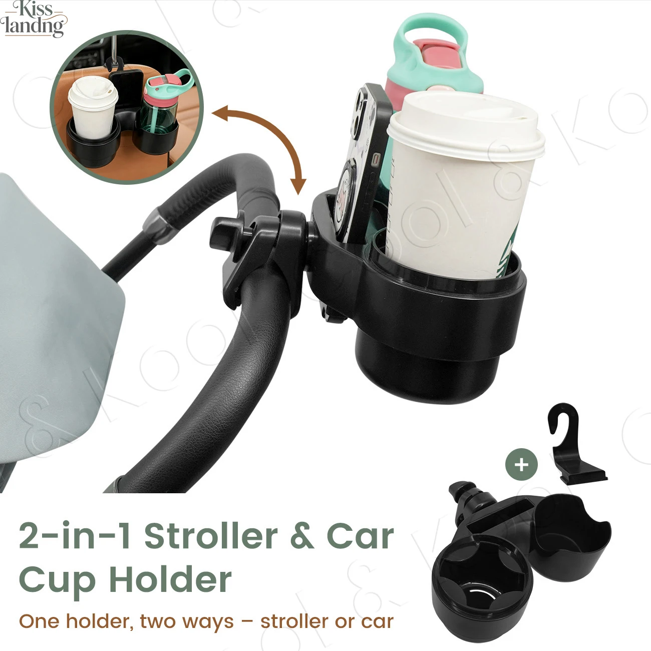 2-in-1 Universal Cup Holder for Stroller & Car Headrest, Dual Slot Bottle Organizer with Storage Hook