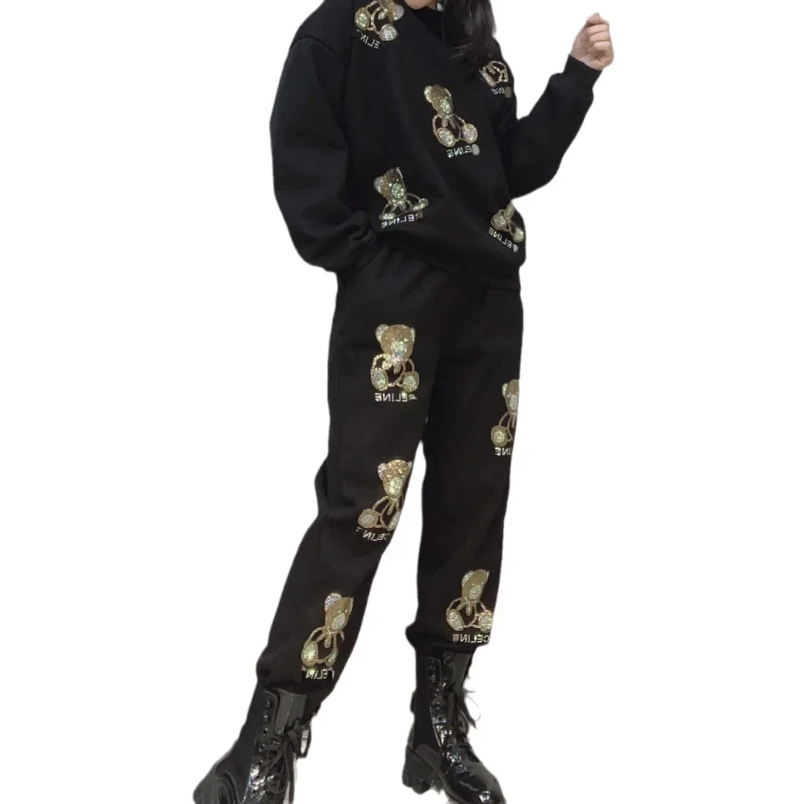 Heavy Hot Drilling Loose Long-Sleeved Sweatshirt Trousers Women Two Peice Sets Winter New Fleece-Lined Thickened Casual Suit