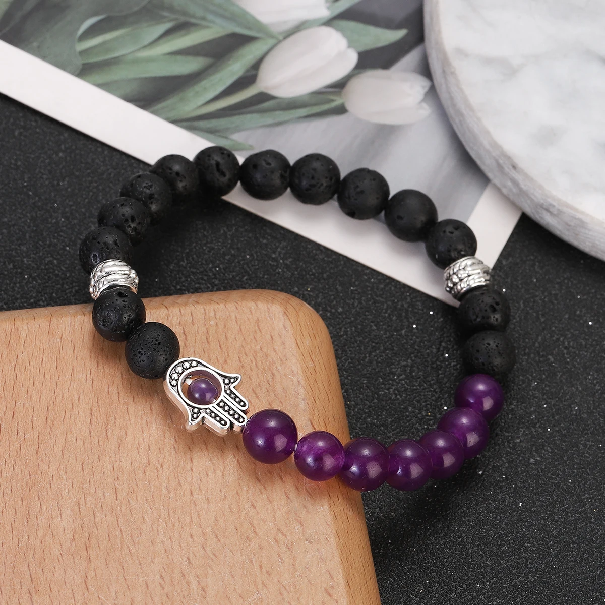 Natural Tiger Eye Lava Beads Chakra Bracelets for Men Women Lucky Turkish Evil Eye Hand Of Fatima Jewelry Bangles Gifts