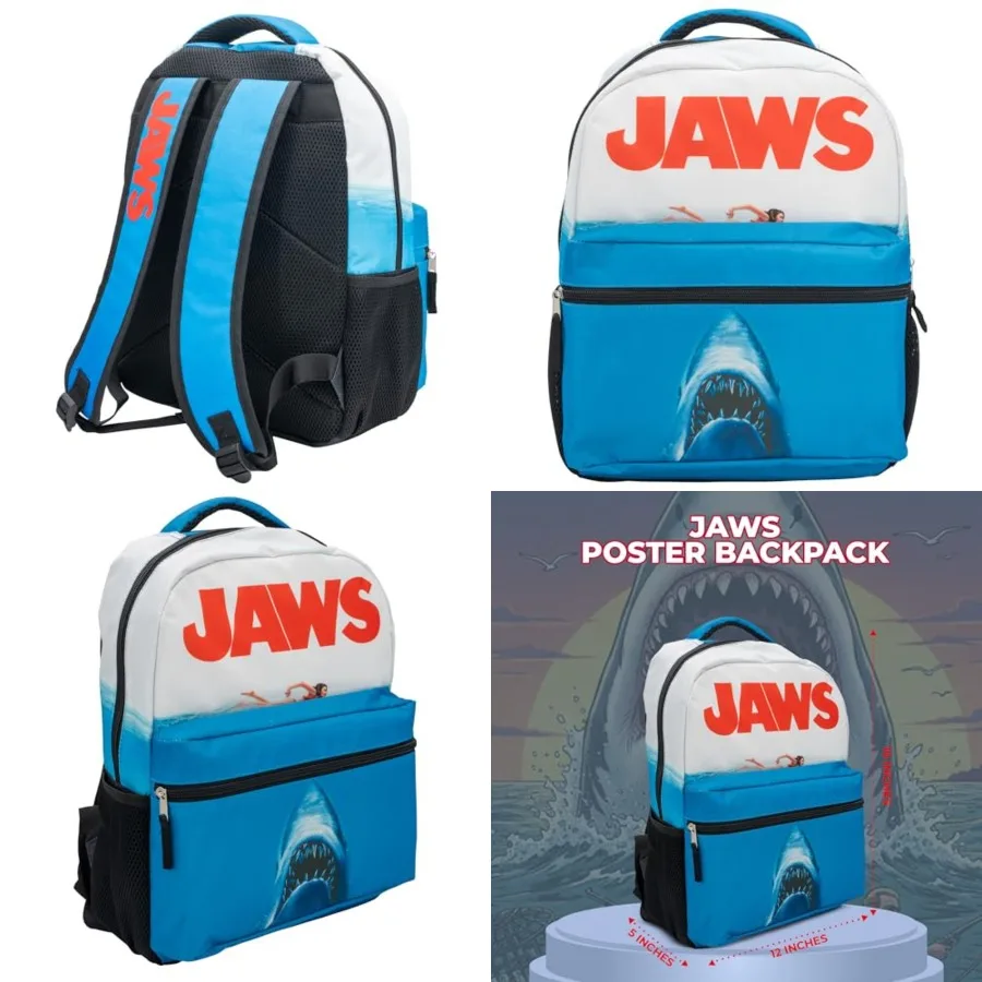 

Movie Poster Backpack, 16 x 12 x 5 Inch, Shark School Bag with Laptop Pocket, 50th Anniversary Edition