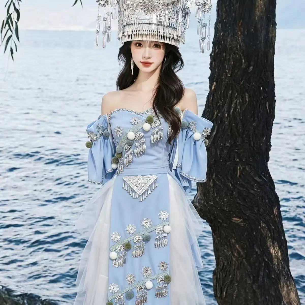 

Elegant Blue Hmong Costume Women's Traditional Chinese Hanfu Summer Hawaii Beach Party Dance Skirts Travel Wedding Bride Outfits