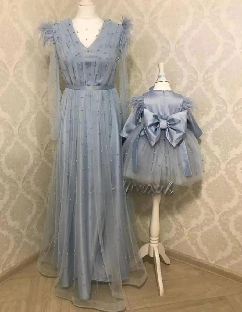 

Dusty Blue Mother Daughter Matching Dresses Full Peals Feather Mommy and Me Special Occasion Dress Designer Dress for Photoshoot