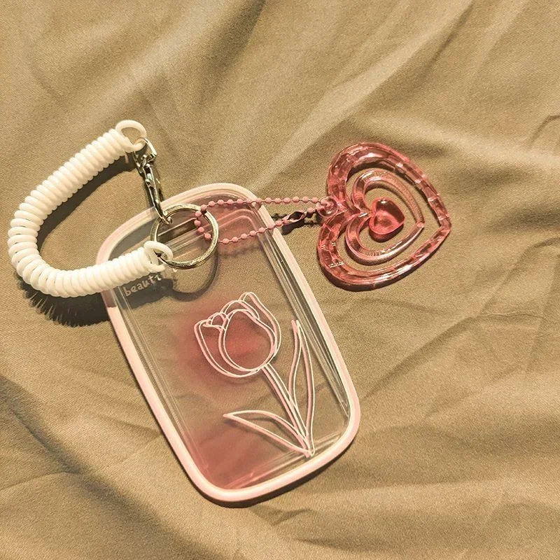 1PC Women Girl Cute Pink Rose Work ID Card Holder Wrist Rope Campus Bus Cards Case Student Id Card Holder Photo Protector Case