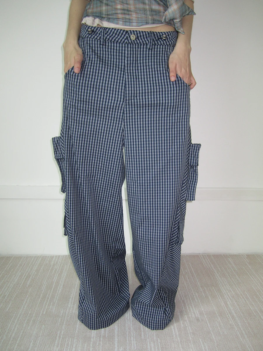 

Ретро-брюки с широкими штанинами для женщин, свободные, с принтом в клетку, повседневные, летние, новинка, корейский стиль, с застежкой-молнией на талии