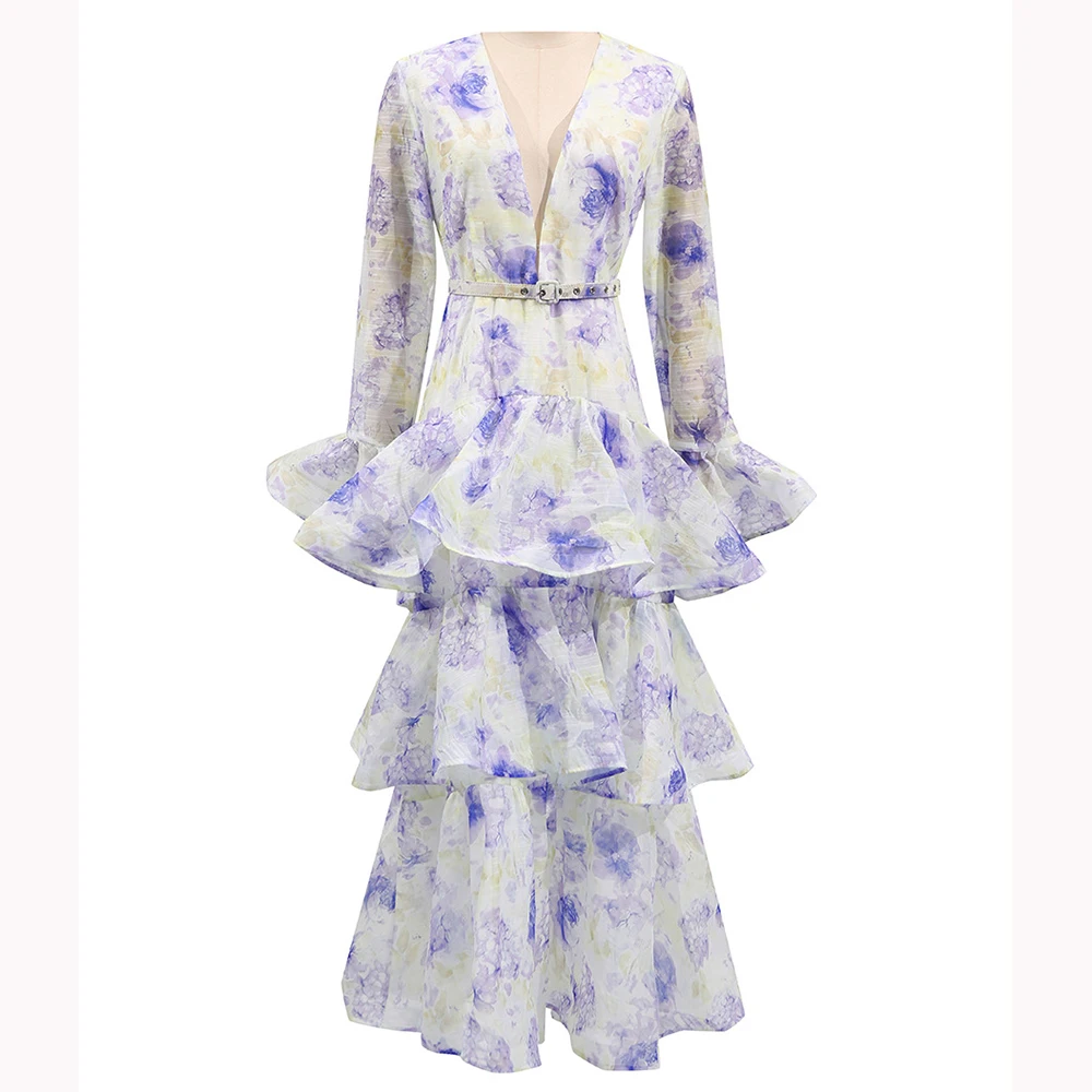 2025 verão vestido feminino profundo decote em v floral plissado em camadas maxi vestido sino manga magro elegante temperamental vestido de festa
