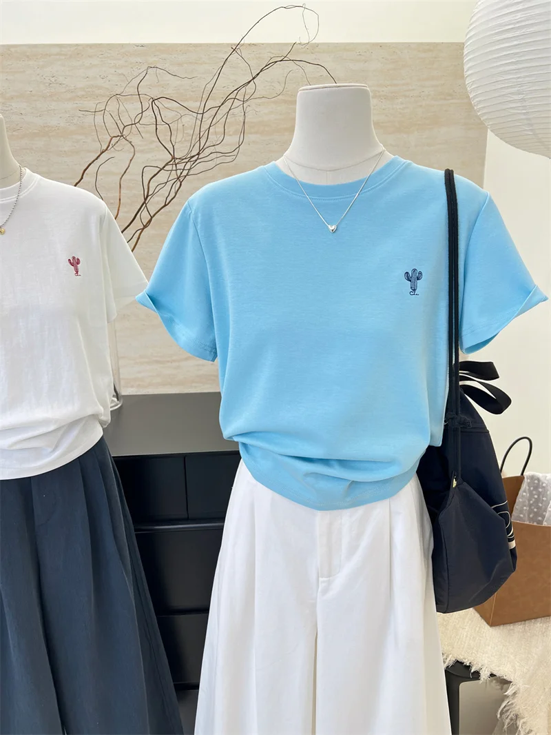 

Korean Style Ageless Spring Summer 2024 New Pure Color Print Cactus Short Sleeve T-Shirt Shoulder Length Tee Trendy Women's Top