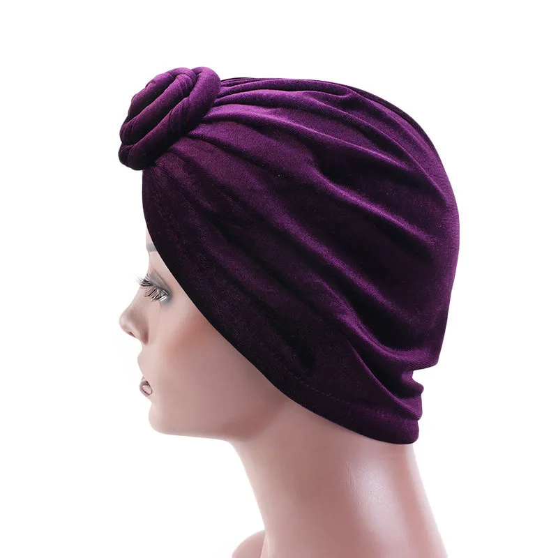 Boné de turbante de veludo Donut monocromático para mulheres, estilo Bohe, lenço muçulmano, gorro, envoltórios africanos, chapéu bandana