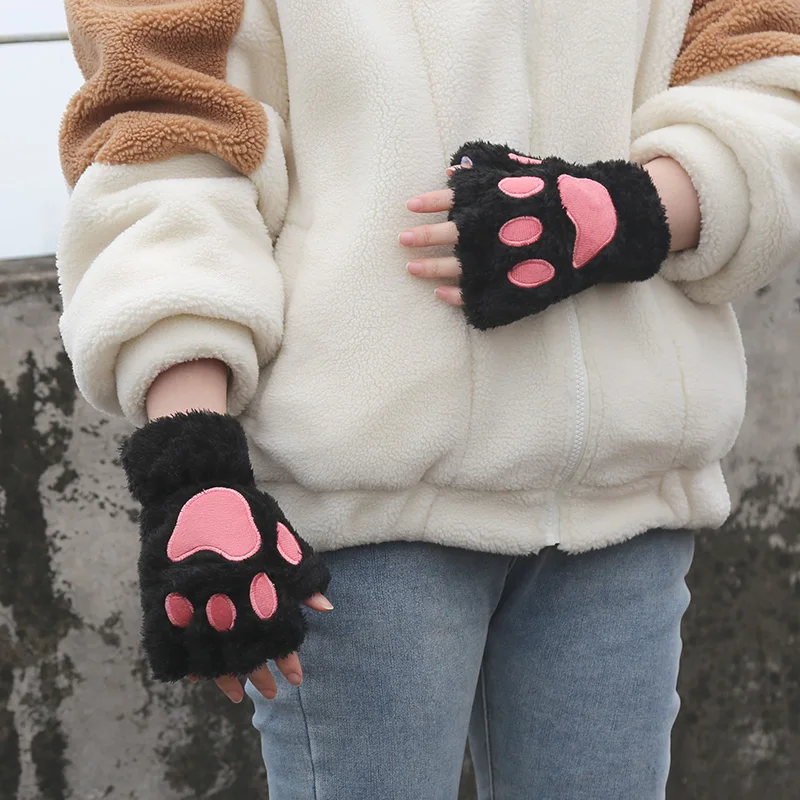 Cartoon Cat Paw Gloves Winter Cute Girl Open Finger Gloves Women Plush Warm Mittens Thickened Fluffy Bear Paw Half Finger Gloves