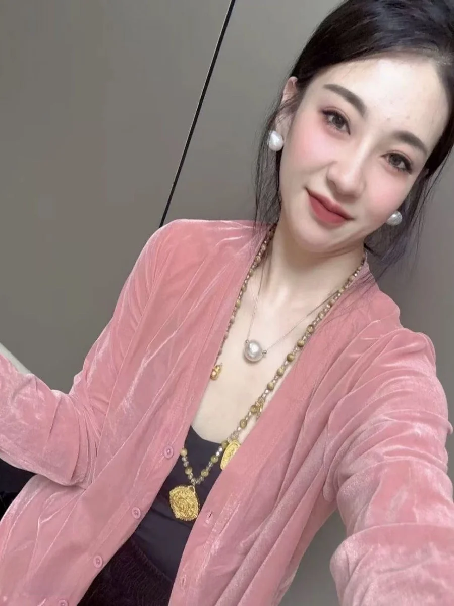 

Elegant Velvet Jacket Women's Spring Autumn New Style Large Size Outerwear V-Neck Open Cardigan Fashionable Commute Style