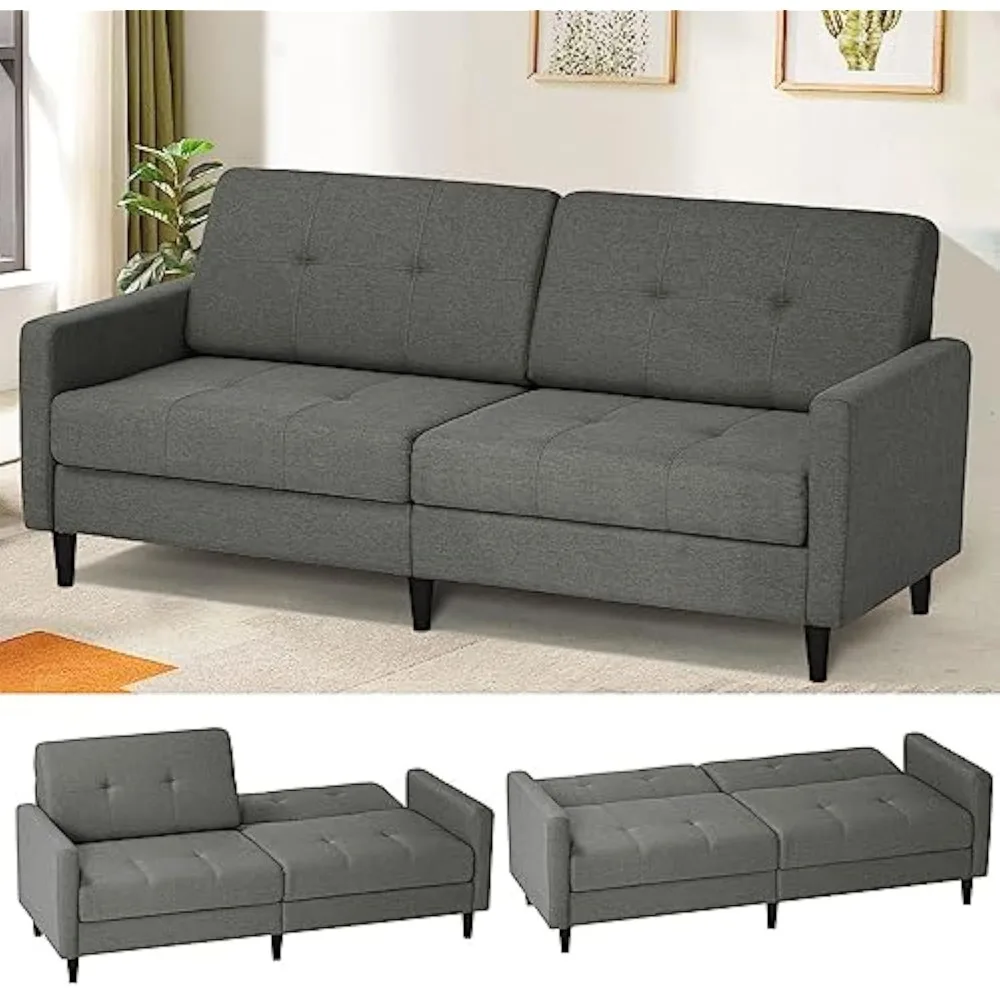 77 Linen Fabric Sofa Bed with Adjustable Backrests, Convertible Loveseat Sofa, Modern Sleeper Couch with Wooden Legs for Living