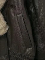 TFMLN 2025 Winter Women Loose Faux Leather Jacket Fashion Removed Big Fur Collar Causal Coat High Street Double Breasted Outwear 6