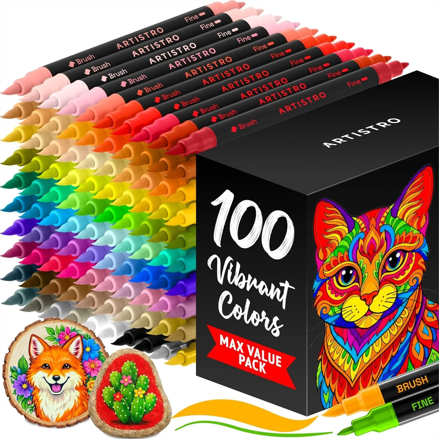 

100 Dual Tip Acrylic Paint Markers for Rock, Glass, Wood, Canvas, and Ceramic with Brush and Fine Tips