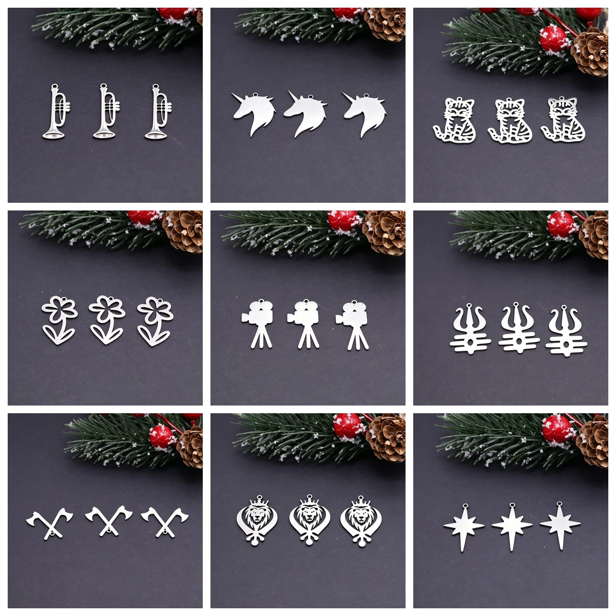 3pcs Unicorn Charms DIY Earring Necklace Bracelet Trumpet Cat Flower Camera Axes Lion North Star Pendant For Jewelry Making