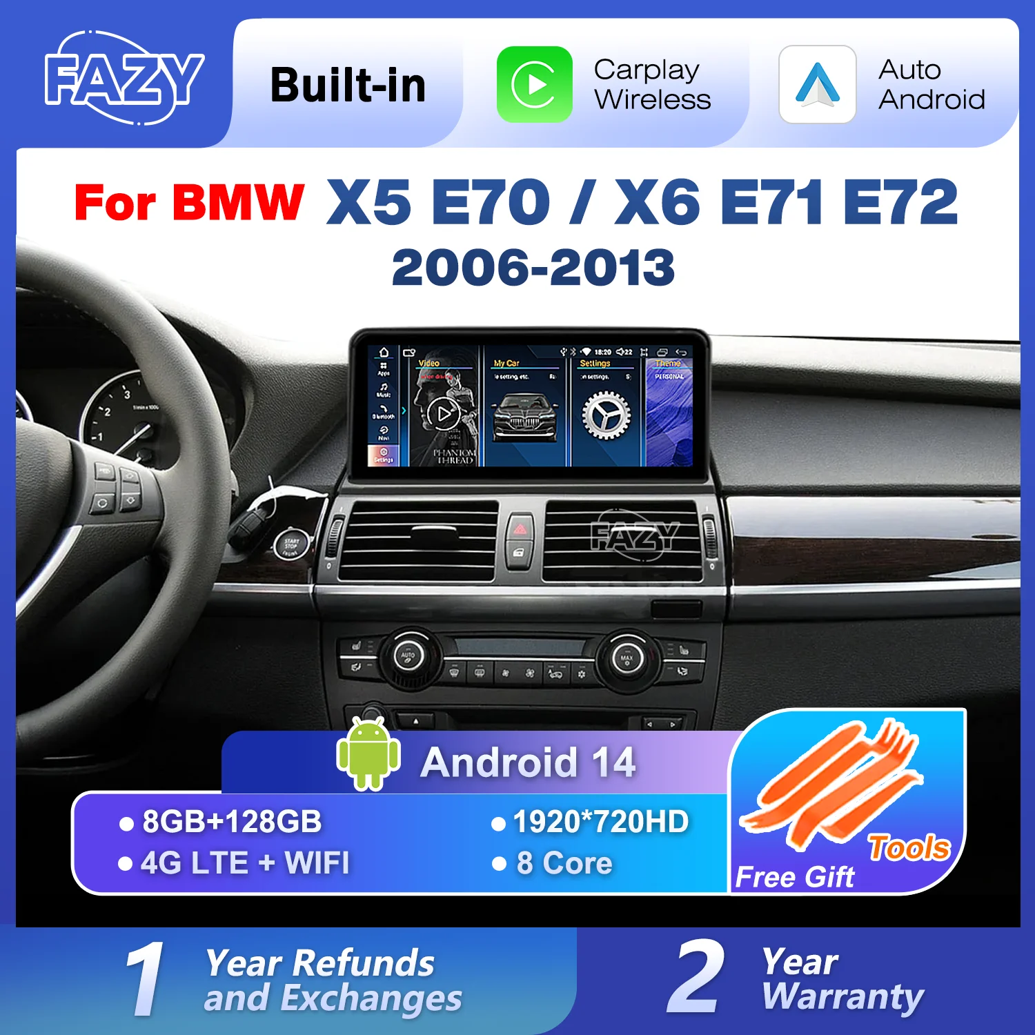 10.25'' Android 14 CarPlay Touch Screen For BMW X5 E70 X6 E71 E72 2006-2013 Car Stereo Radio Multimedia Player GPS Navi 4G WiFi