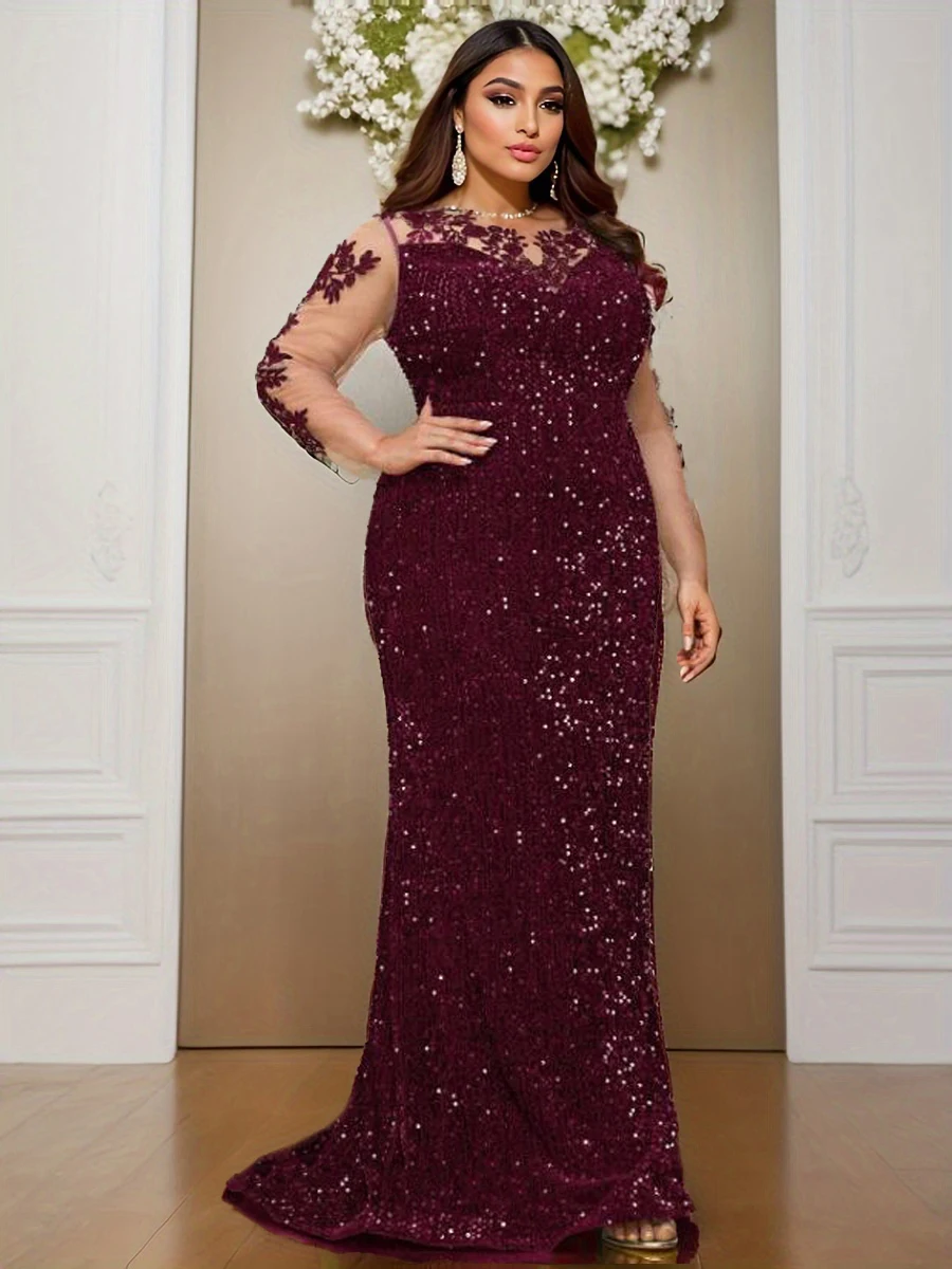 Elegant O Neck Floor Length Evening Prom Gown Dresses Sequin Bodycon Mermaid Long Sleeves Party Modest Women Dress
