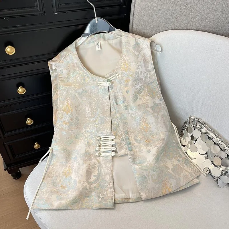women casual jacket elegant satin jacquard sleeveless vest round collar chinese style clothes vintage button blouse tops9