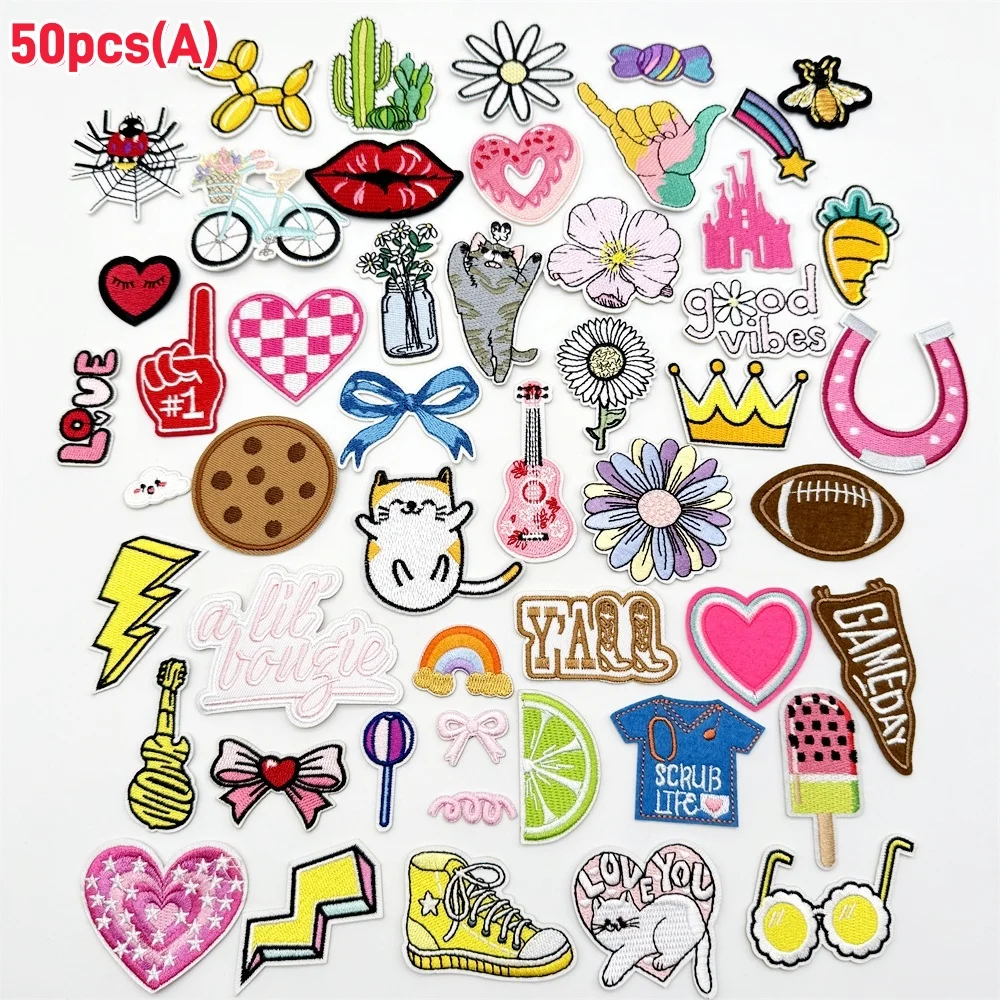 50/100 Stück zufällig sortierte Stickerei-Aufnäher, Cartoon-DIY-Aufnäher zum Aufbügeln/Aufnähen, Aufkleber-Applikationen für Kleidung, Kleider, Hüte, Jeans – Detail 3