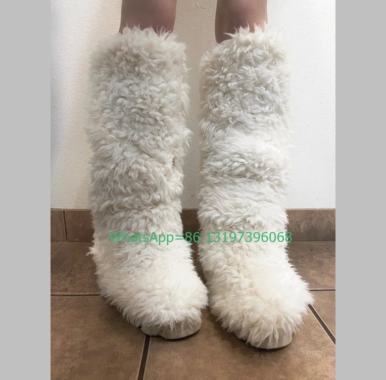 Lady Winter Mary Janes White Fur Knee Boots Sexy White Feather Platform New Arrive Runway Boots Gothic Punk Footwear Size 35-46