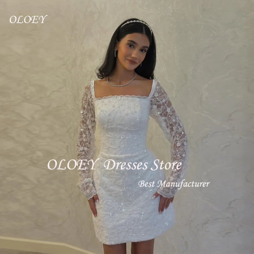 Oloey branco acima do joelho brilhante vestido de noite manga longa luxo lantejoulas formal vestido de baile dubai vestido de festa personalizado