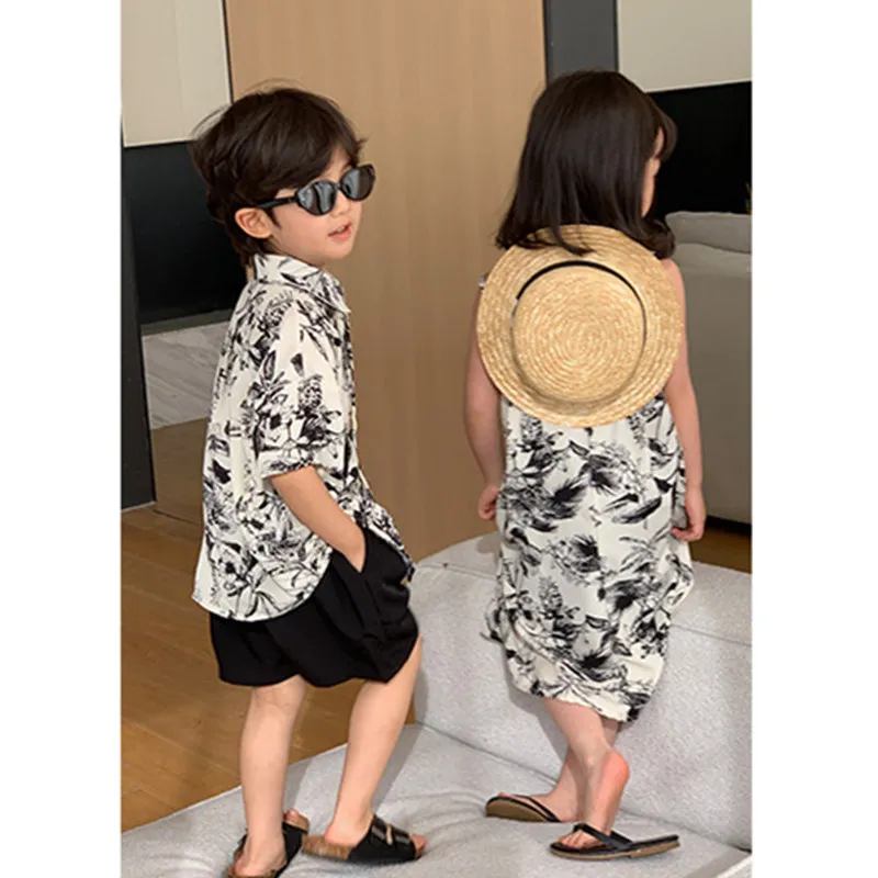 Baby Twins Clothes Fashion Brother and Sister Matching Outfit Summer Toddler Boys Shirts 2 Piece Sets Kids Girls Dresses Sling