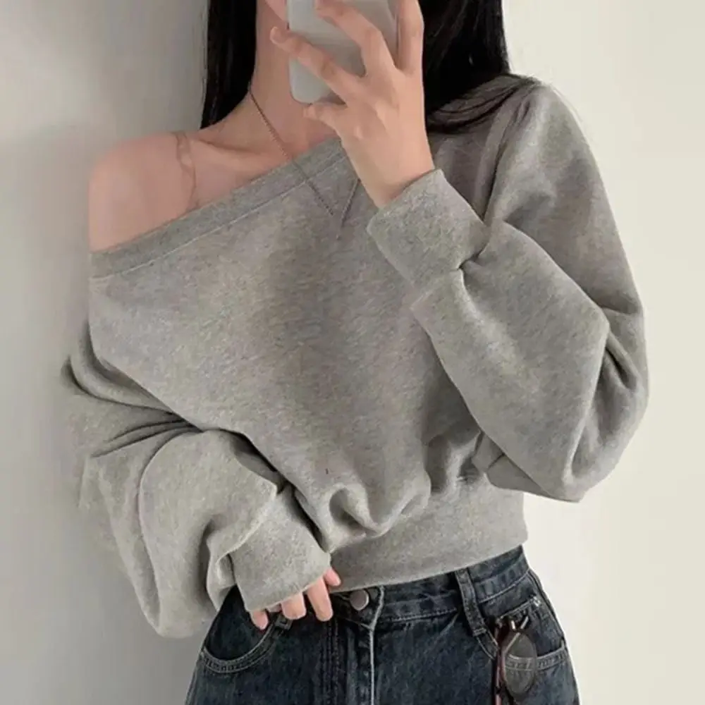 

Simple Retro Long Sleeve T Shirt Solid Color Casual Sweatshirts for Women Loose Stylish Off Shoulder Blouse Female