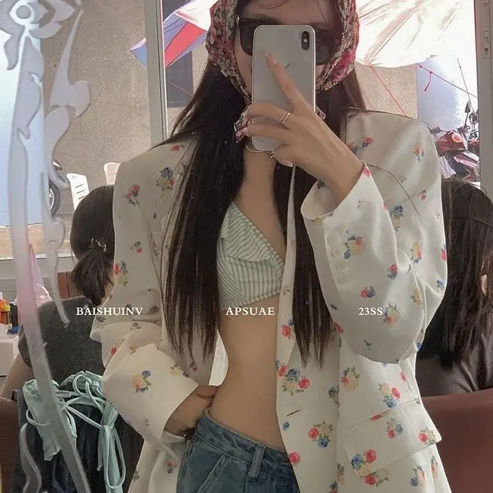 Blazer, Women's Print, Casual Long-sleeved Trend, Korean Version, Loose Straight, Versatile, Foreign, Mid-length Wear