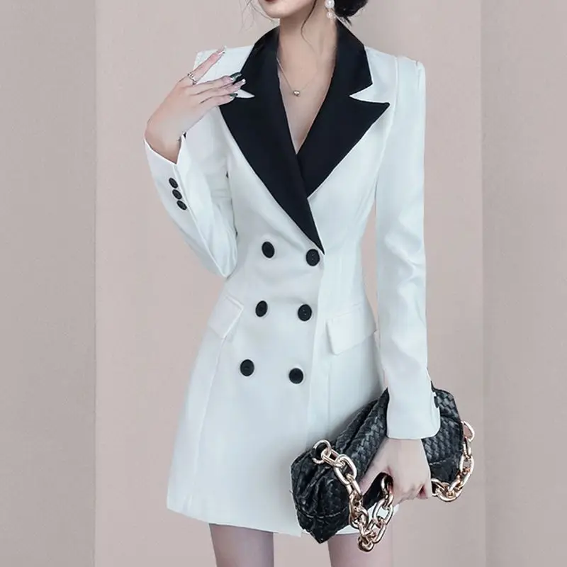 White Spring Women New High End Celebrity Style Slim Suit A-line Dress Korean White Mid Length Blazer Dress For Splicing Coat