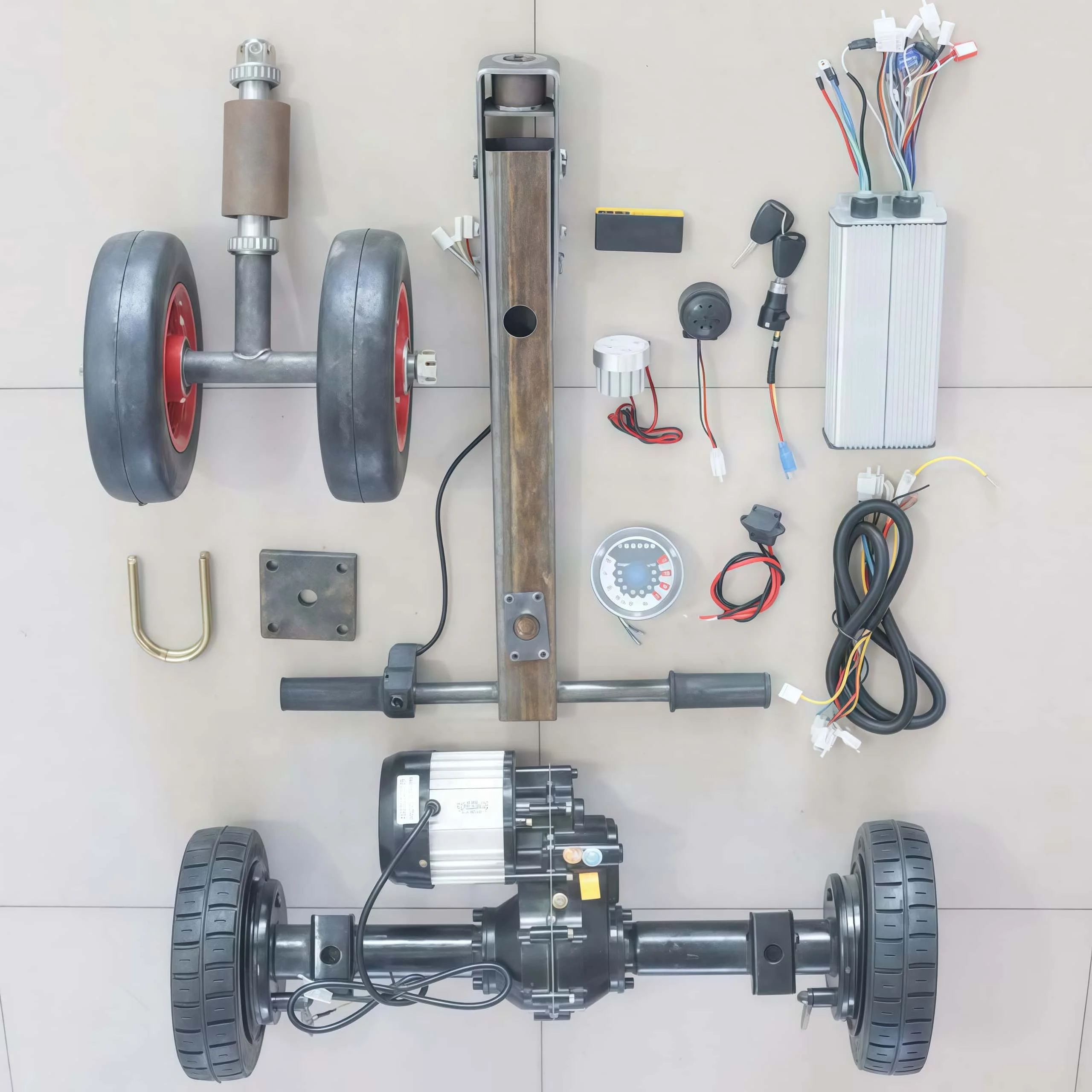 70cm Folding Flat Car Modification Kit Electric Trolley Rear Axle Assy Electromagnetic Brake For Pull Truck DIY Refit Parts