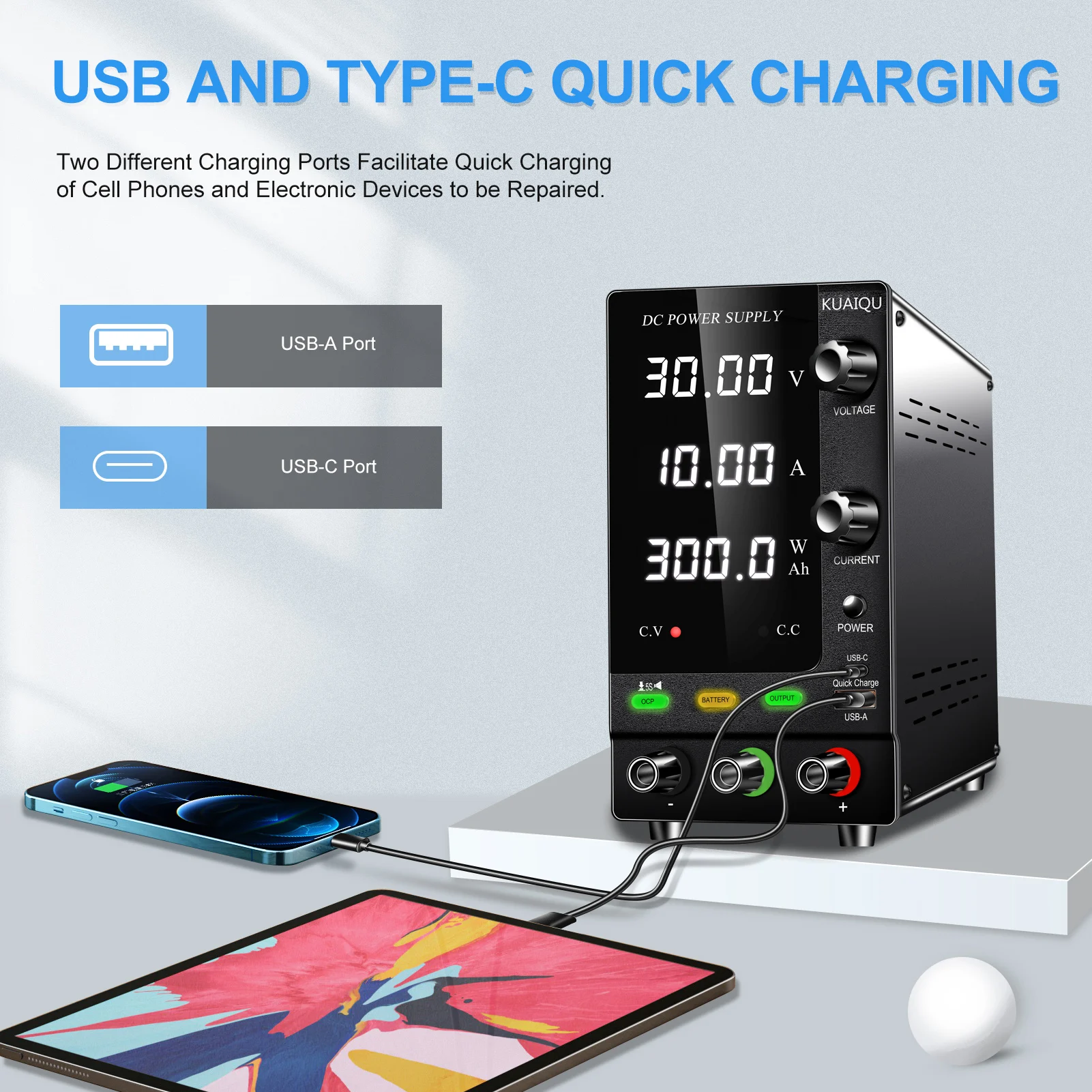 30V 48V 120V Adjustable Lab Power Source DC Regulator Switching USB Type-C Battery Charging Function 30V 10A Bench Power Supply