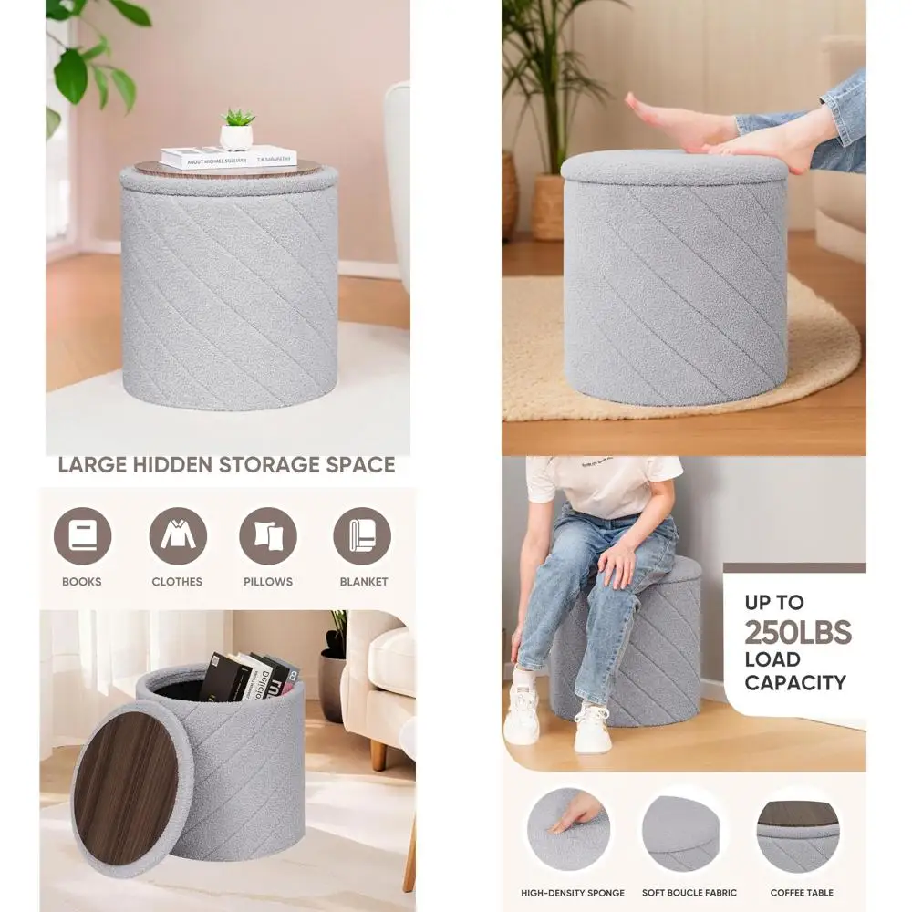 

Круглый серый пуф-трансформер с подносом, подставка для ног для общежитий и гостиных, 16.93x16.93x17.72