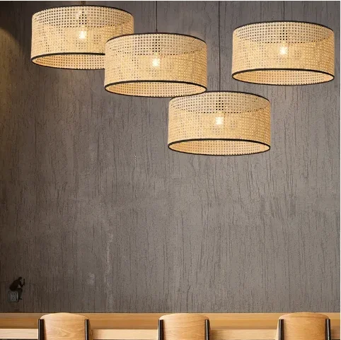 Modern Bamboo Woven Handmade Wicker Lampshade Hanging Chandelier Pendant Light for Home Cafe Living Room Restaurant Decoration