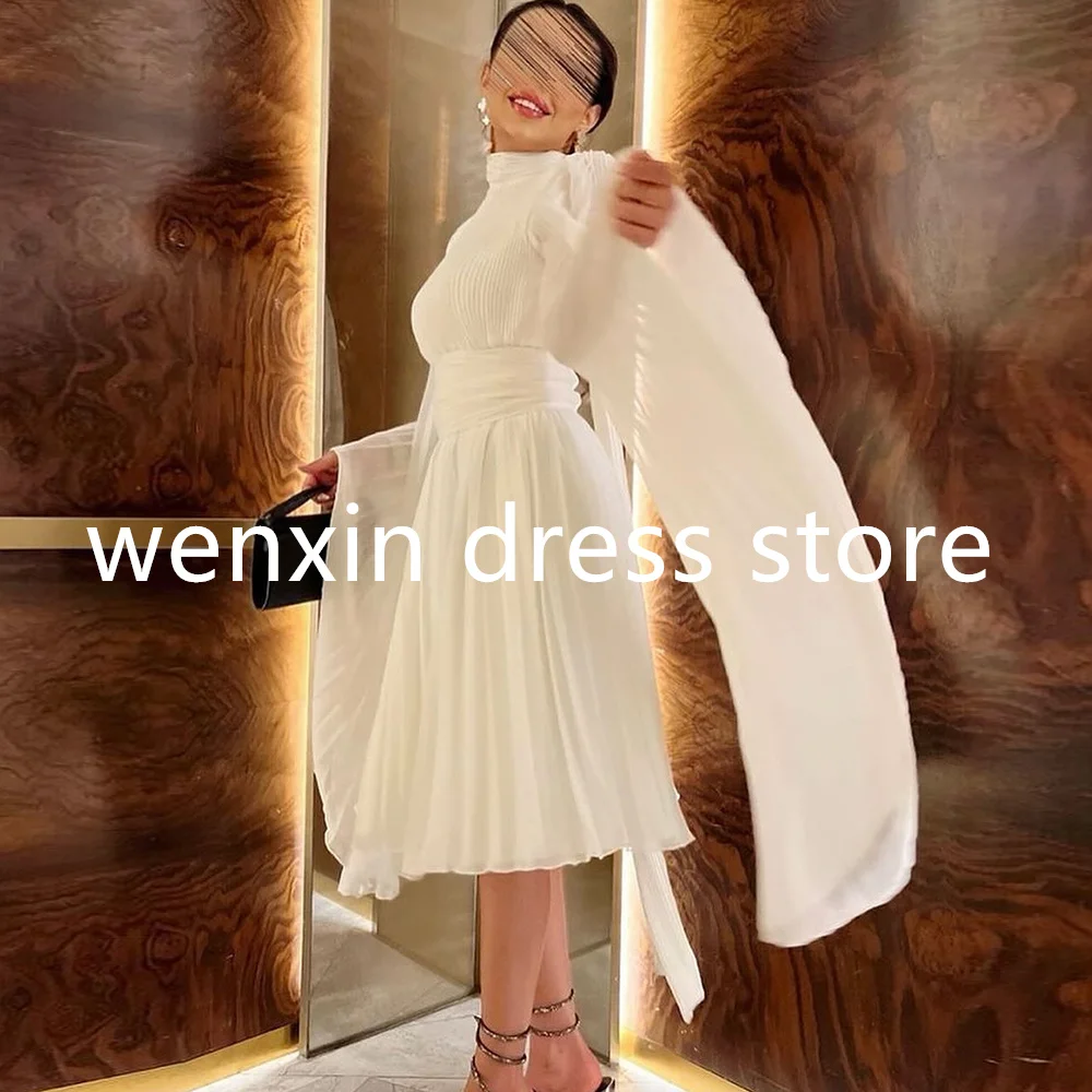 Simple Straight White Tea Length High Collar Chiffon Long Sleeves Evening Dress Elegant Pleats Saudi Arabia Homecoming Grows