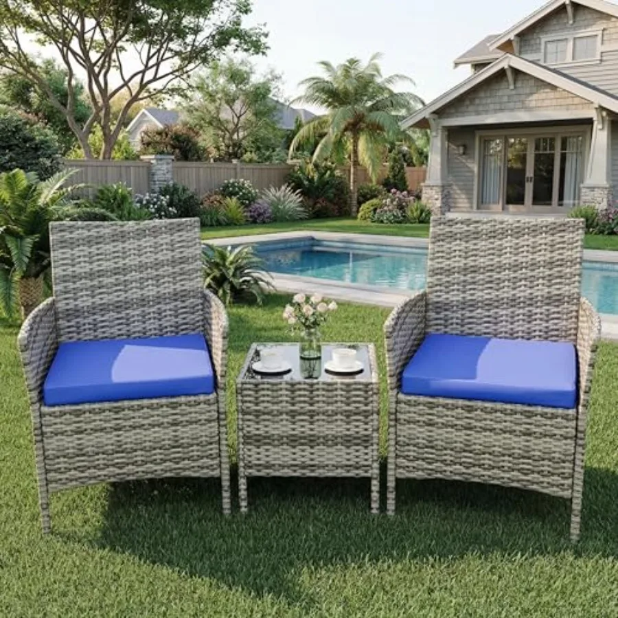 

3-Piece Outdoor Patio Conversation Set for Garden/Backyard: PE Rattan Armchairs, Weather-Resistant Gray/Blue Cushions Tempered