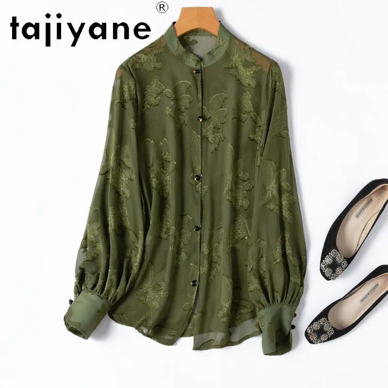 

TAJIYANE 100% шелковая блузка из тутового шелкопряда для женщин, с рукавами-фонариками, оливково-зеленая, с длинным рукавом, весенние топы для женщин, одежда 2026, рубашка
