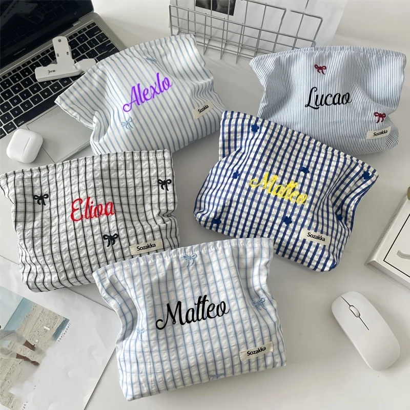 Personalized Embroidered Striped Plaid Cosmetic Bag Small Flower Cosmetic Bag Women Lipstick Storage Bags Travel Makeup Bags