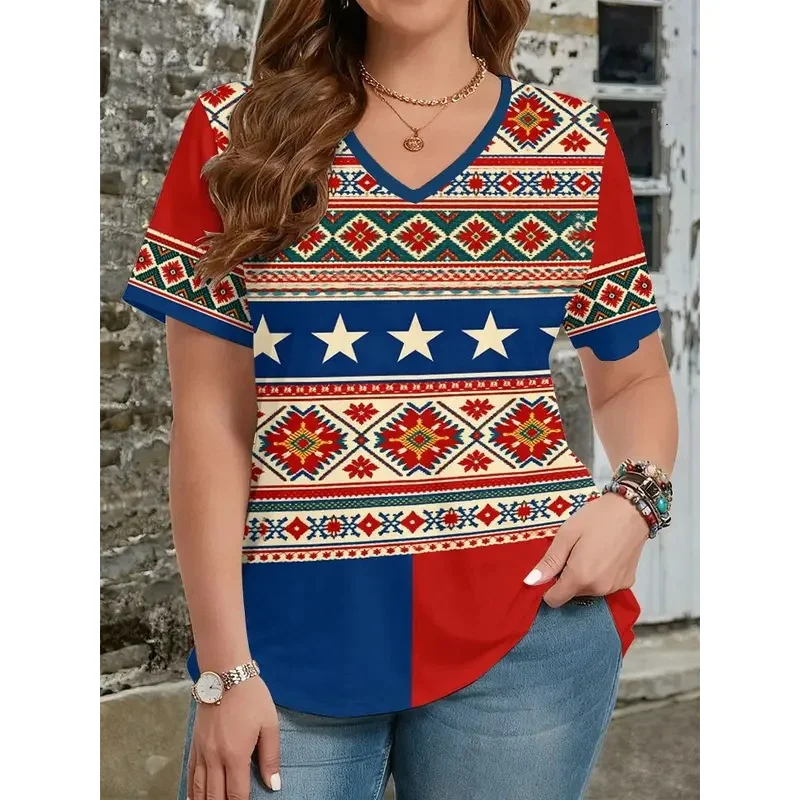 Ethnic style t-shirts with 3D print for women, fashionable streetwear, short-sleeved V-neck, casual Y2k top.