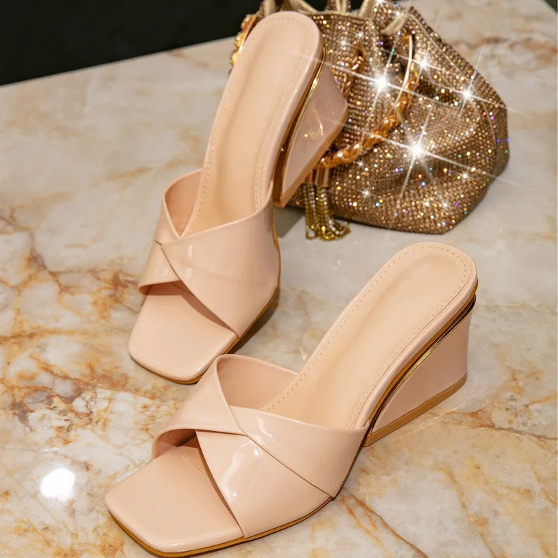 

Women's High Heels Sandals Summer 2026 New Leather Wedge Heel Fashionable Square Toe Versatile Slippers，Half Drag Women's Shoes