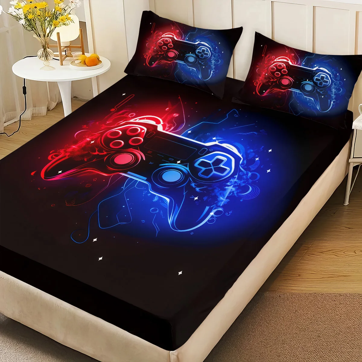 3pcs Color Blocking Game Controller Printed Coreless Bed Sheet Set, Multi Size Soft Bed Cover, Bedroom Bedding Decoration
