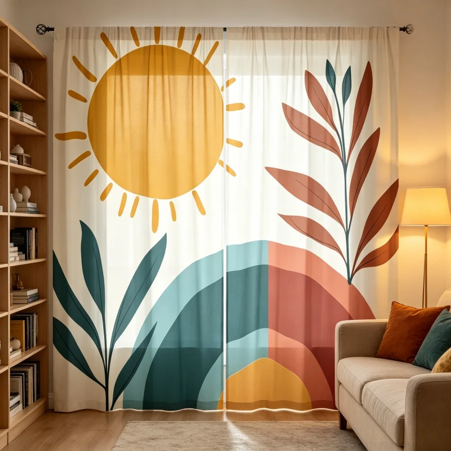2PCS Digital Print  Curtain, Warm Sun Arc Shadow, Bohemian Style  Curtain Panel for Home Living Room Bedroom Decor