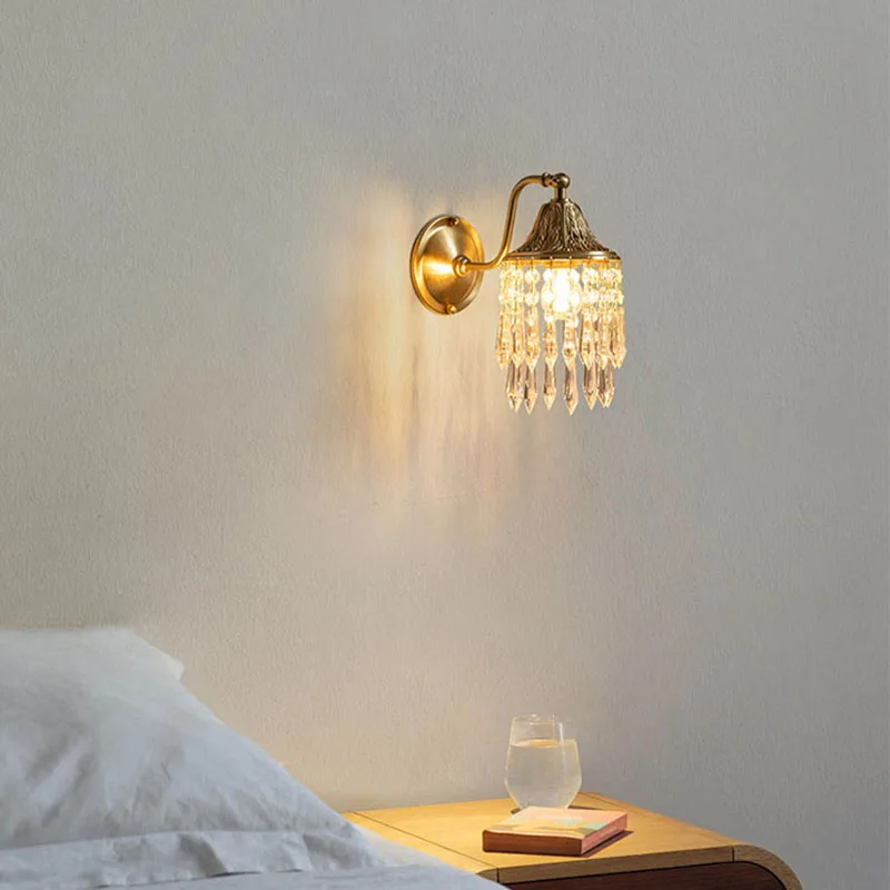 Luxury American Retro Copper Crystal Wall Lamp Creative French Living Room Tv Background Bedroom Bedside Led Lighting