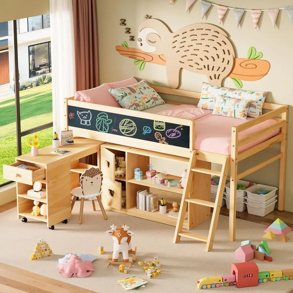 

TOLEAD Low Lot Bed with Desk & Storage, Solid Wood Twin Size Lot Bed with Moveable Desk, Chalkboard & Cabinet, Multi-unctional K