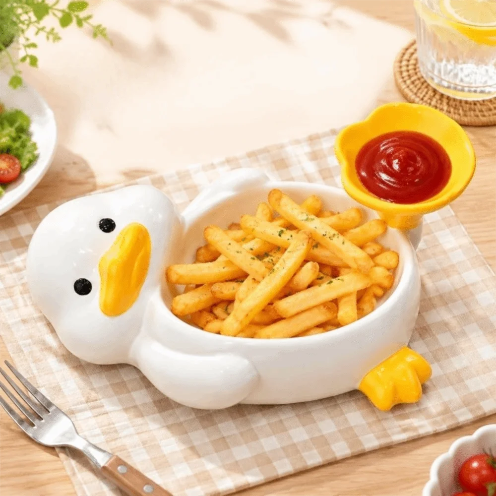 Ceramic Duck Snack Dish Divided Cartoon Dipping Dish Decorative Smooth Glaze Finish French Fries Plate Afternoon Tea