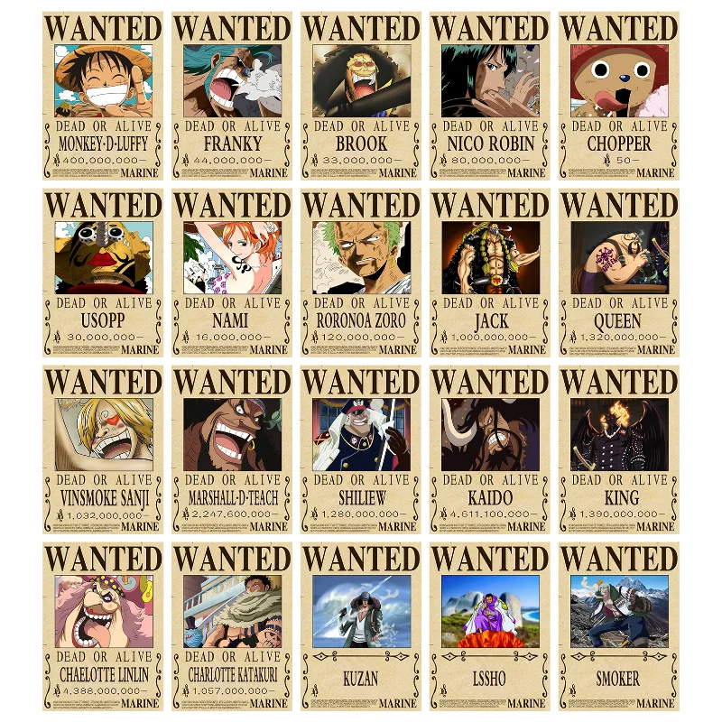 

One Piece Classic Japanese anime All Roles Bounty Canvas decorative painting Wanted Posters Living Room Wall Decoration Pictures