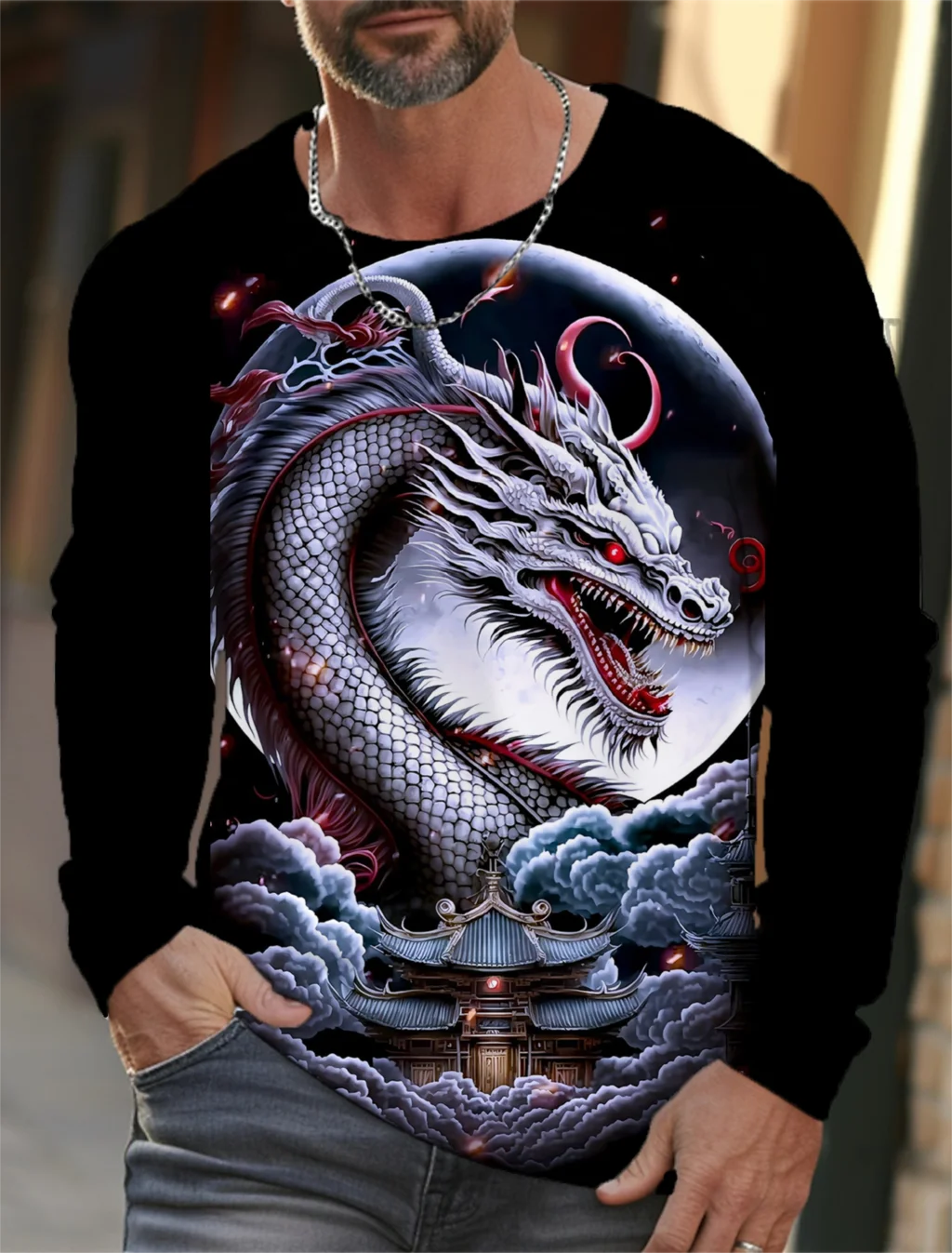 Vintage Men\'s Long Sleeve T-Shirt 3d Print Shirts Fashion Animal Dragon Graphics Long Sleeve Men Oversized Streetwear Tops Tees