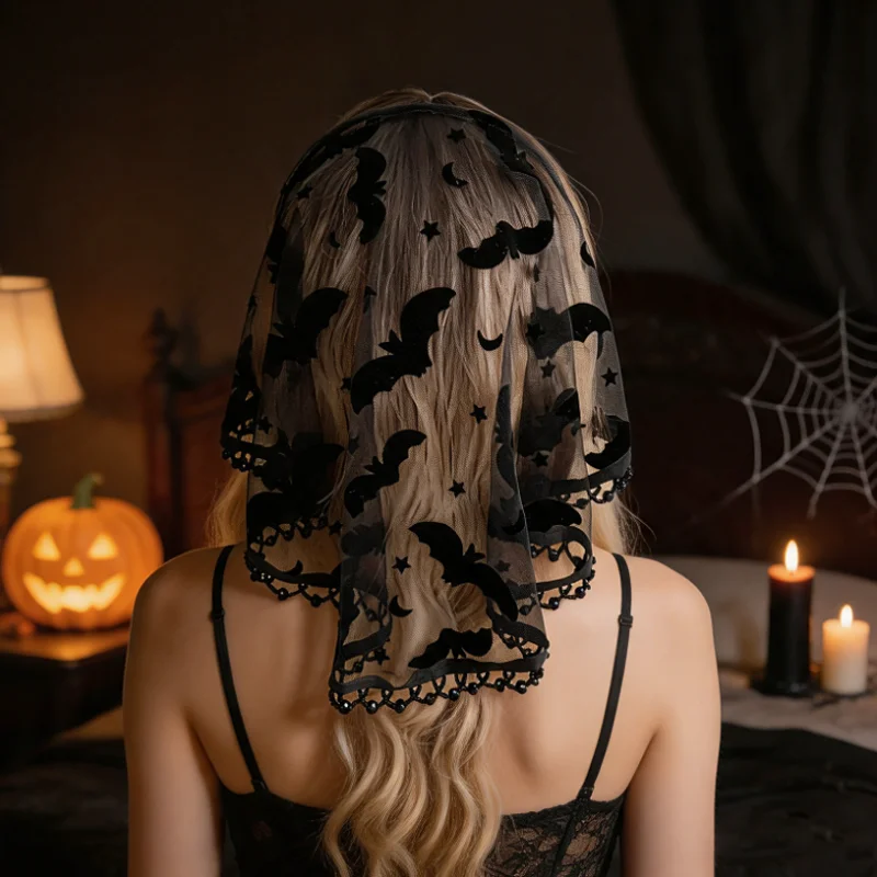 Halloween Dark Bat Mesh Headband Female Hand Stitching Beads Headscarf Headpiece Cosplay Triangular Turban Hair