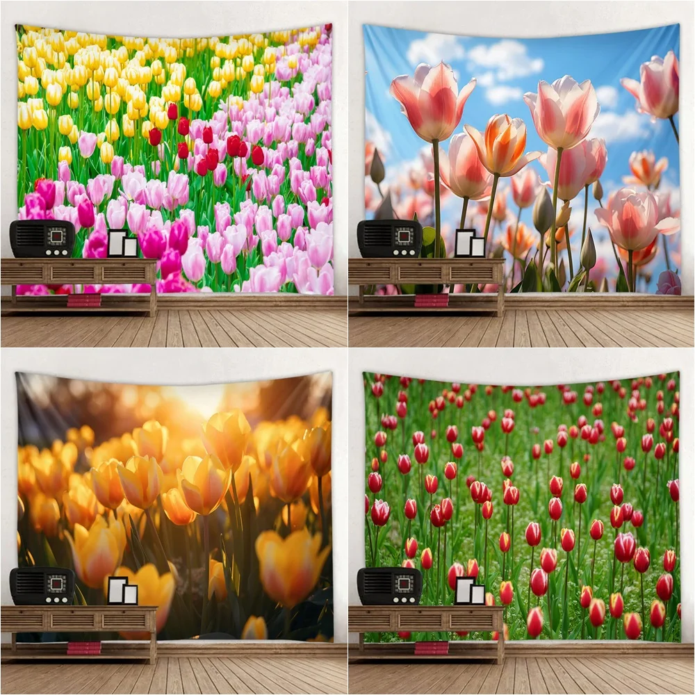 

Colorful Flower Plants Tulip Tapestry set Print Flower Pattern living Room outdoor Dormitory Decoration