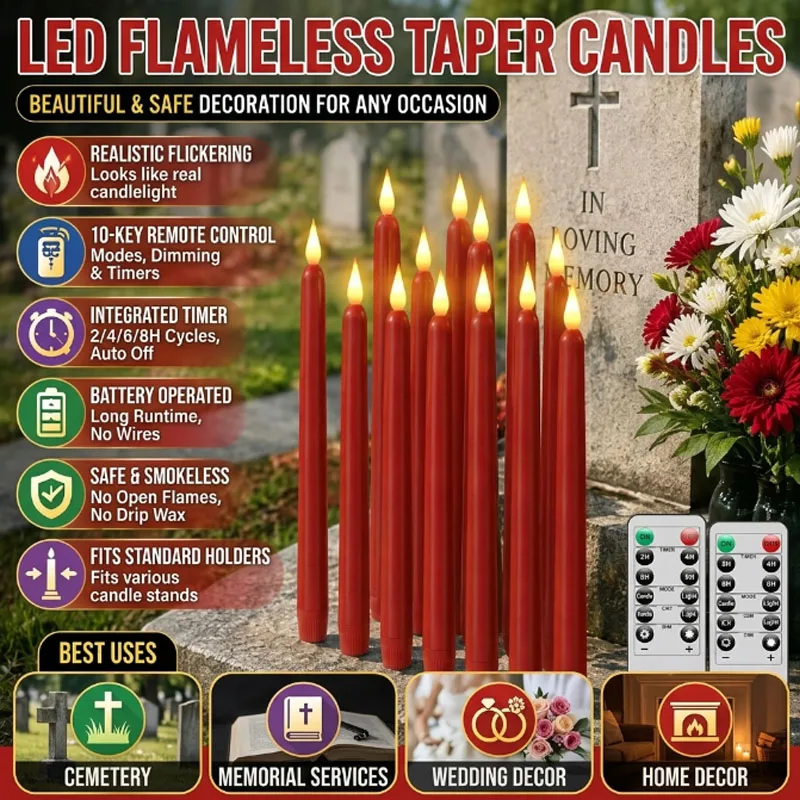 Excellent Colorful LED Long Stick Simulated Taper Candles, Electronic Flameless for Cemetery Grave Memorial Decoration